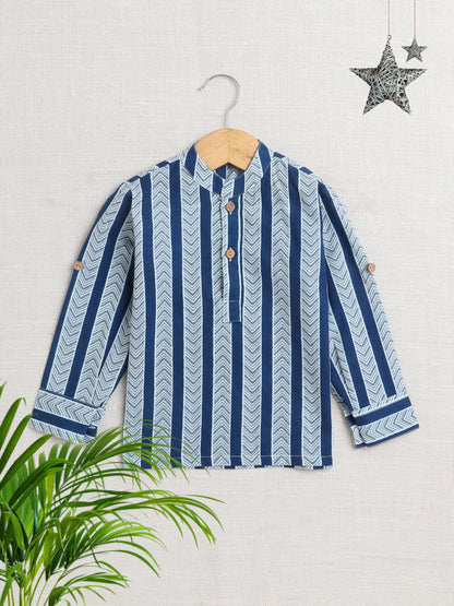 Full Sleeves Flower Printed Kurta-Navy Blue