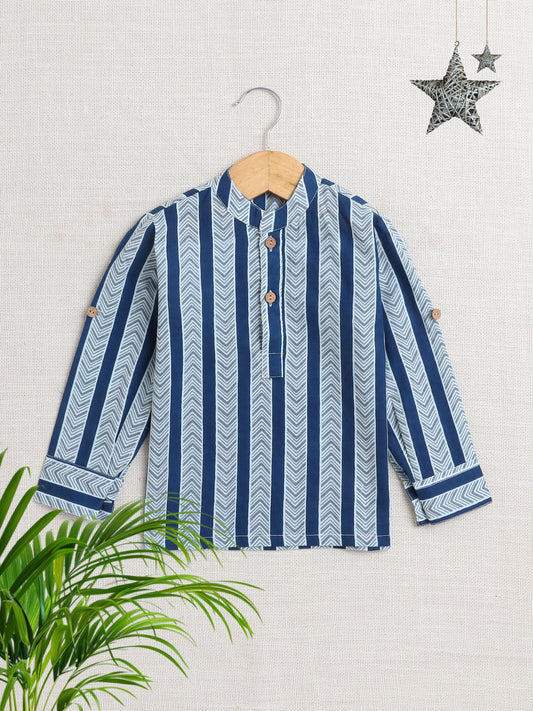 Full Sleeves Flower Printed Kurta-Navy Blue