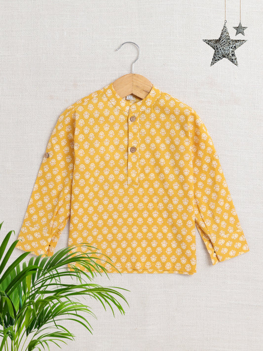 Full Sleeves Flower Printed Kurta-Mustard