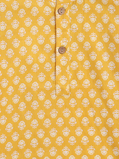 Full Sleeves Flower Printed Kurta-Mustard