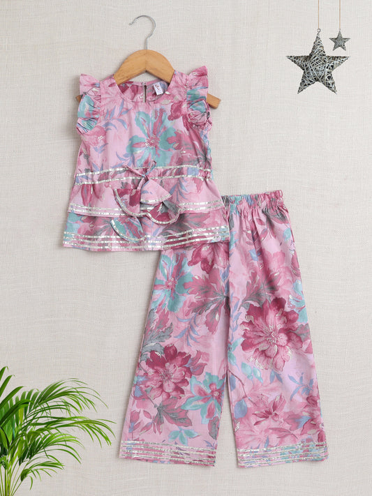Sleeveless Floral Print Coordinating Top and Pant Set- Onion Pink