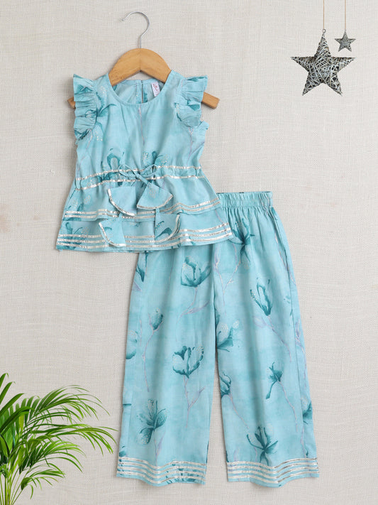 Sleeveless Floral Print Coordinating Top and Pant Set- Blue