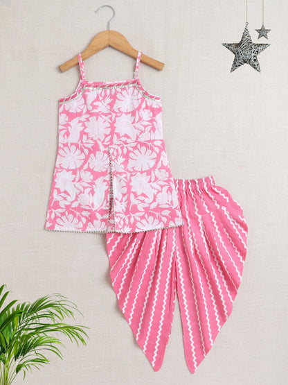Cotton Sleeveless Floral Printed & Lace Embellished Kurta with Chevron Designed Dhoti Set - Pink