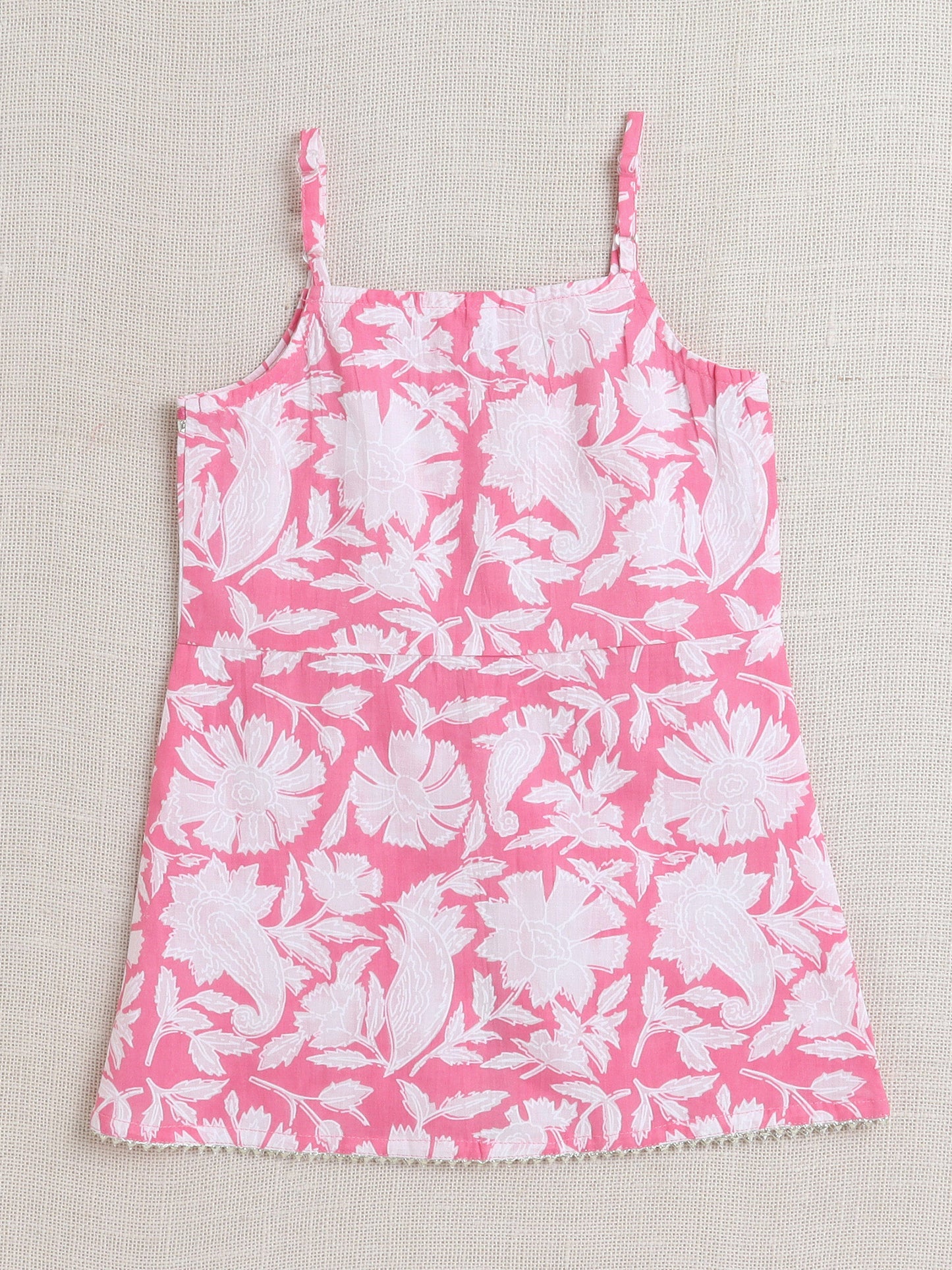 Sleeveless Floral Print Kurta with Slit Opening and Stripe Dhoti Set- Pink