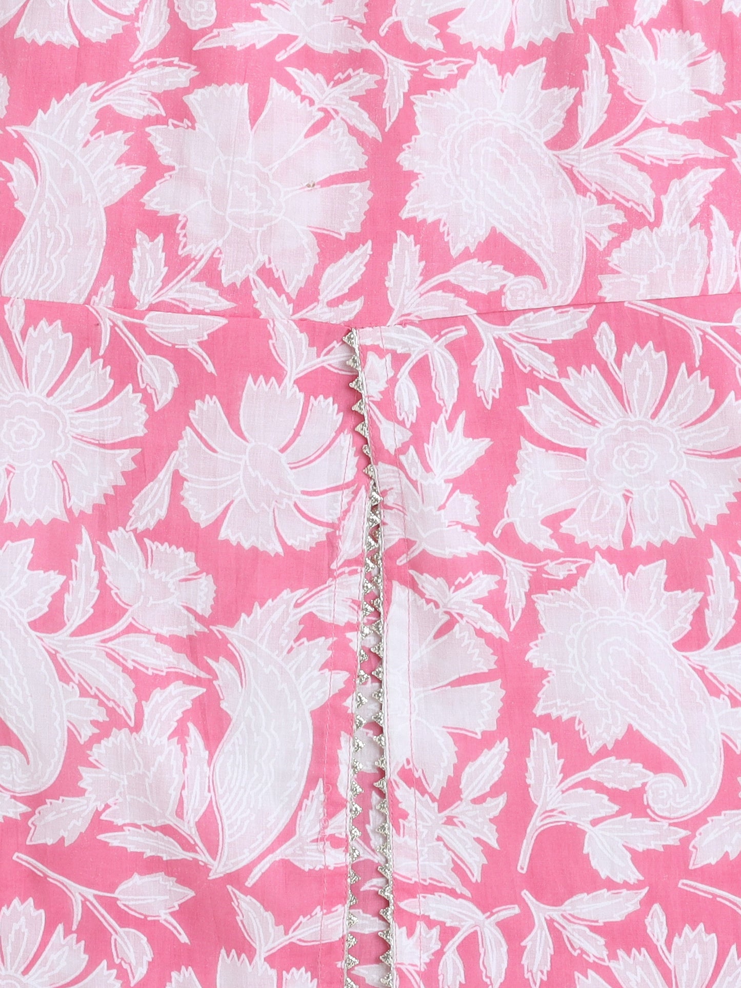 Sleeveless Floral Print Kurta with Slit Opening and Stripe Dhoti Set- Pink