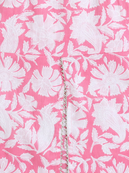 Sleeveless Floral Print Kurta with Slit Opening and Stripe Dhoti Set- Pink
