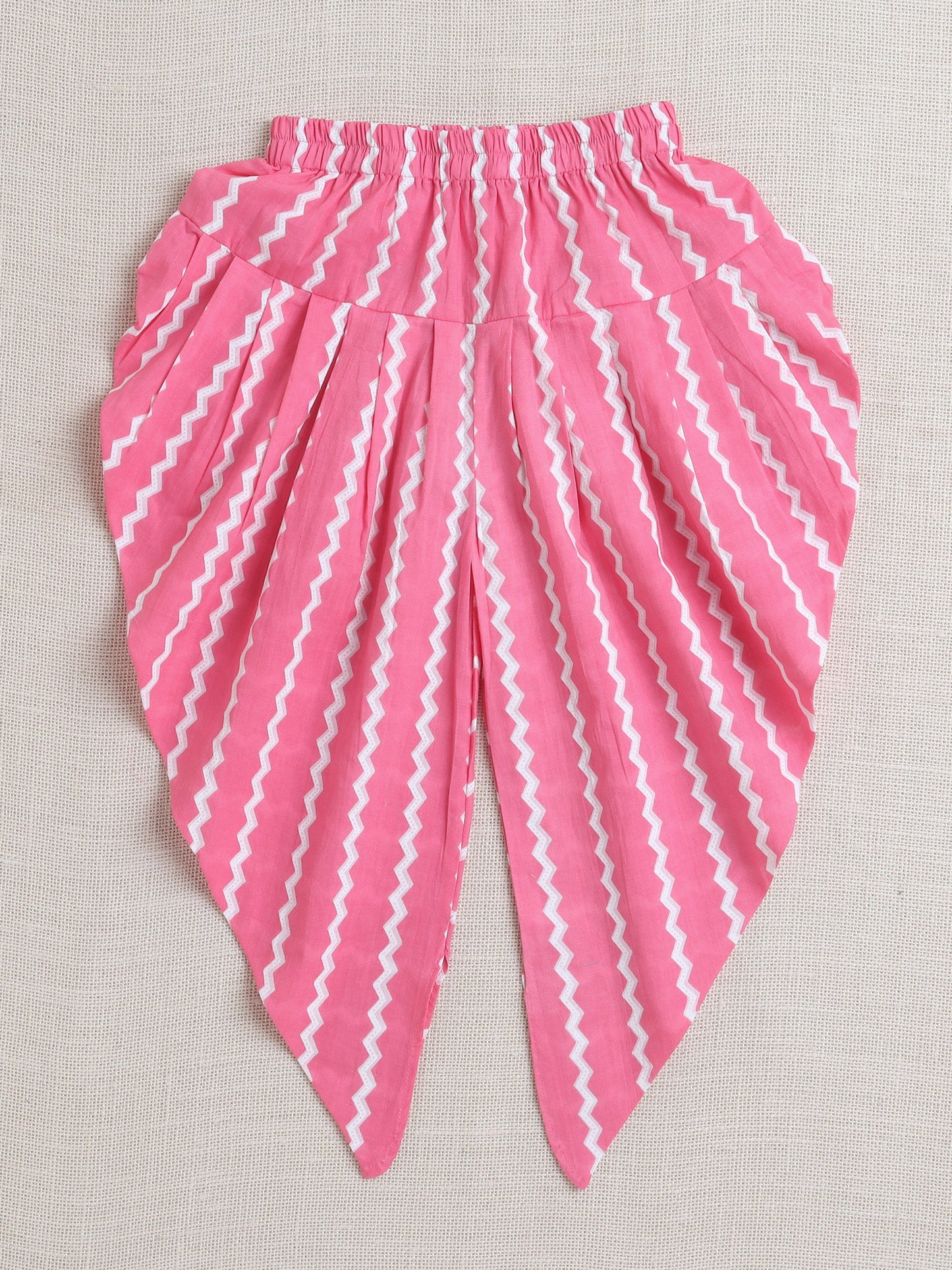Sleeveless Floral Print Kurta with Slit Opening and Stripe Dhoti Set- Pink