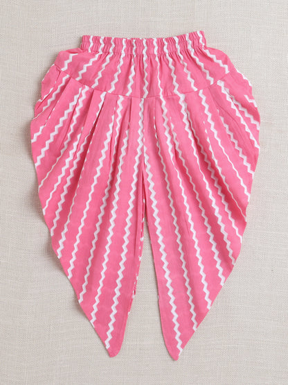 Sleeveless Floral Print Kurta with Slit Opening and Stripe Dhoti Set- Pink