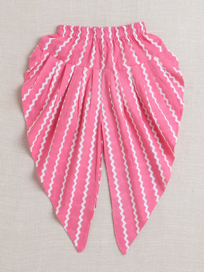 Cotton Sleeveless Floral Printed & Lace Embellished Kurta with Chevron Designed Dhoti Set - Pink