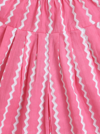 Sleeveless Floral Print Kurta with Slit Opening and Stripe Dhoti Set- Pink