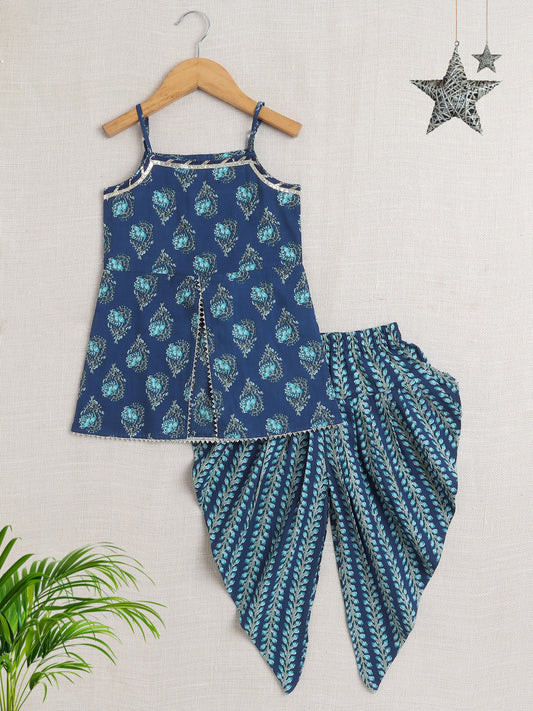Sleeveless Floral Print Kurta with Slit Opening and Stripe Dhoti Set- Navy Blue