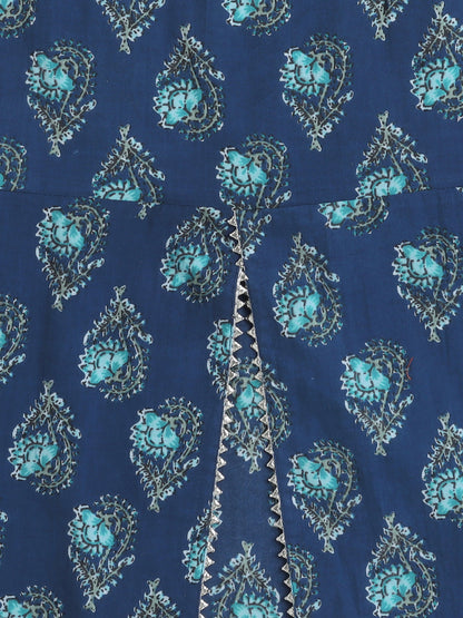 Sleeveless Floral Print Kurta with Slit Opening and Stripe Dhoti Set- Navy Blue