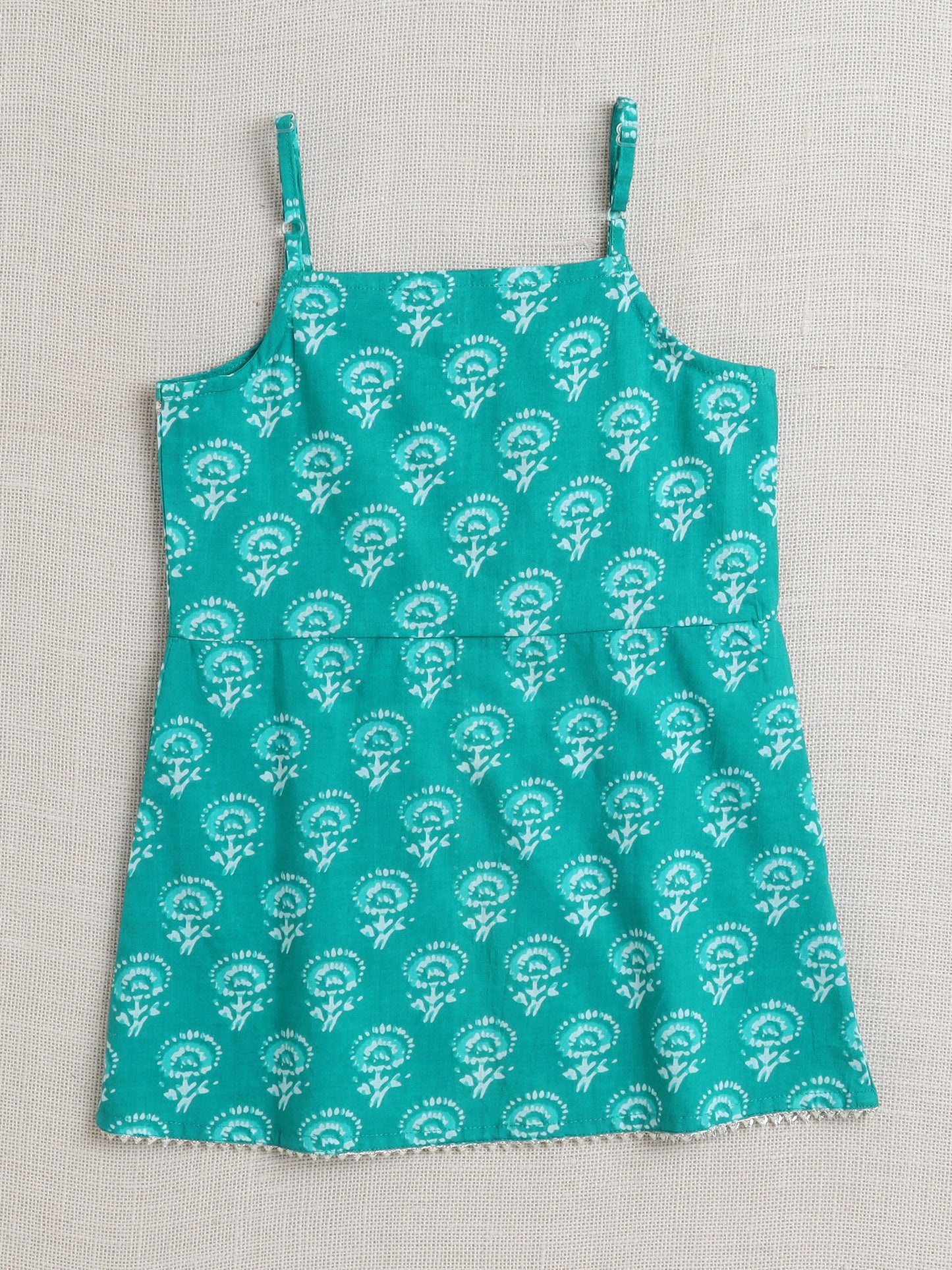 Sleeveless Floral Print Kurta with Slit Opening and Stripe Dhoti Set- Green