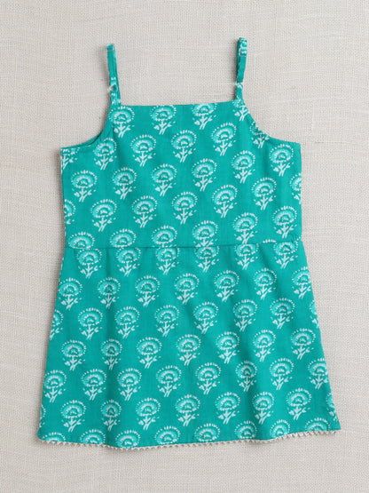 Sleeveless Floral Print Kurta with Slit Opening and Stripe Dhoti Set- Green