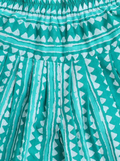 Sleeveless Floral Print Kurta with Slit Opening and Stripe Dhoti Set- Green