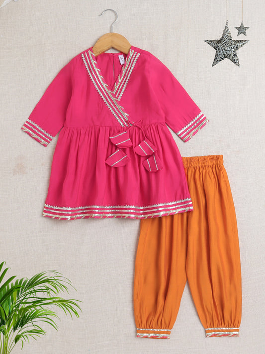 Three Forth Sleeves Angharakha Kurta Set- Fushcia