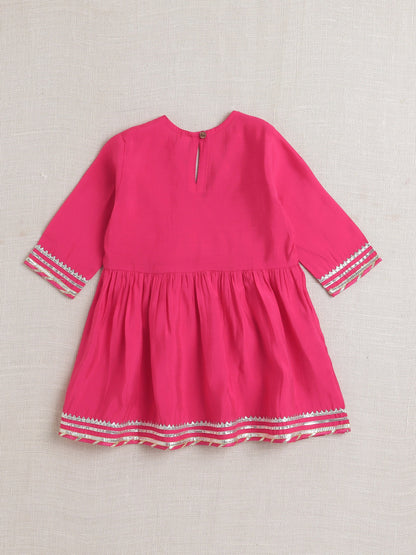 Three Fourth Sleeves Lace Embellished Angarakha Kurta & Salwar Set - Fuchsia Pink
