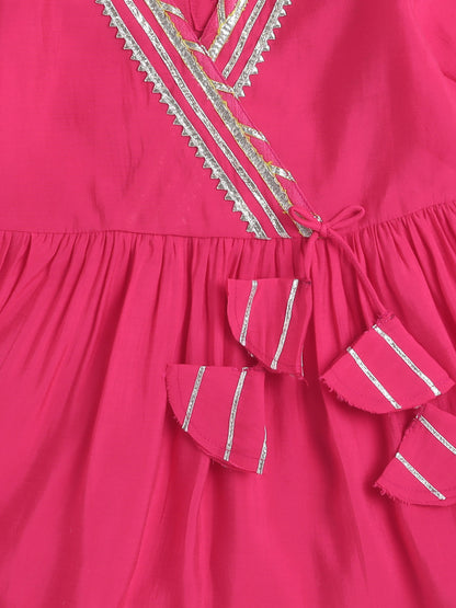 Three Forth Sleeves Angharakha Kurta Set- Fushcia