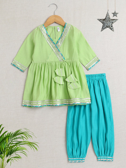 Three Forth Sleeves Angharakha Kurta Set- Green