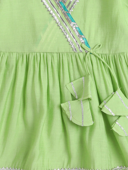 Three Fourth Sleeves Lace Embellished Angarakha Kurta & Salwar Set - Green