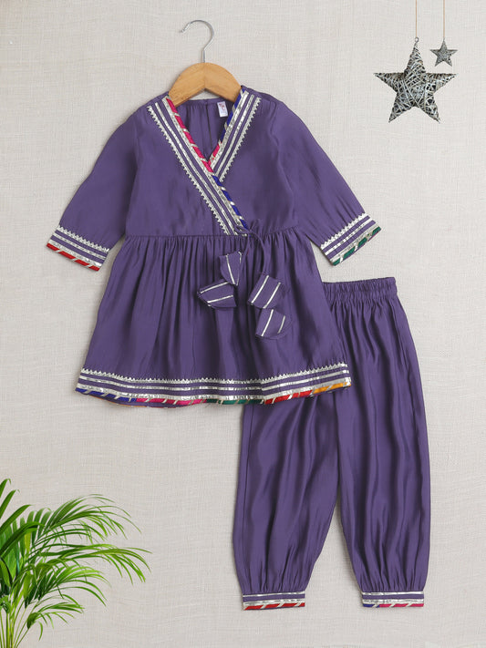 Three Forth Sleeves Angharakha Kurta Set- Purple
