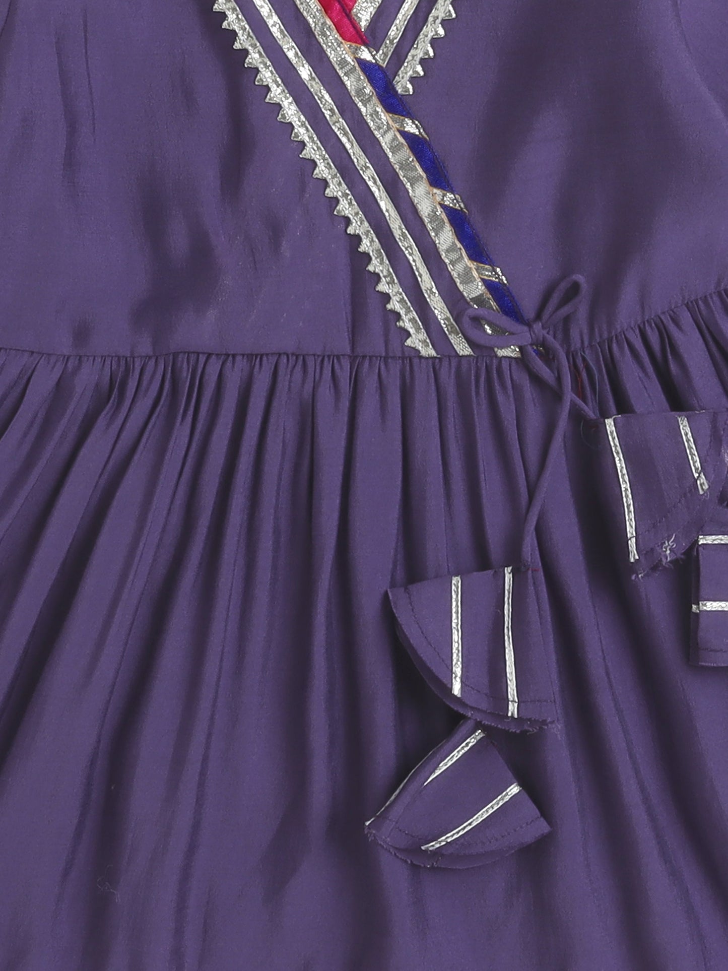 Three Fourth Sleeves Lace Embellished Angarakha Kurta & Salwar Set - Purple