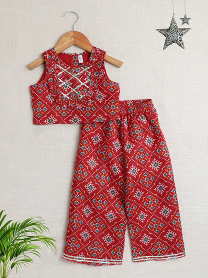 Sleeveless Kota Doria All over Print Top and Pant Set- Red