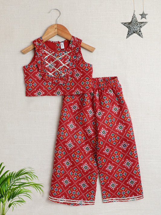Sleeveless Kota Doria All over Print Top and Pant Set- Red