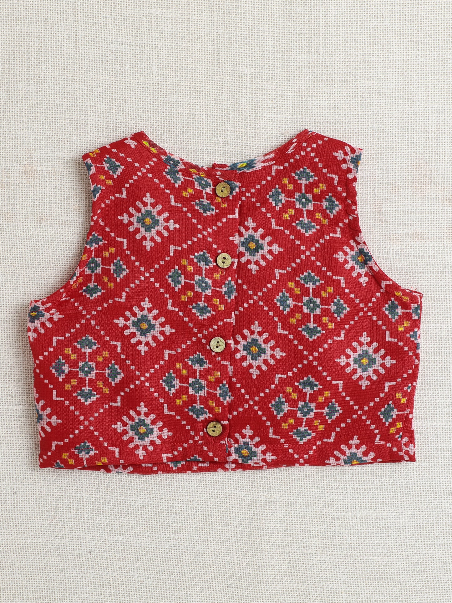 Sleeveless Kota Doria All over Print Top and Pant Set- Red