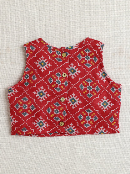 Sleeveless Kota Doria All over Print Top and Pant Set- Red