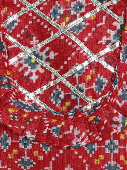 Sleeveless Kota Doria All over Print Top and Pant Set- Red
