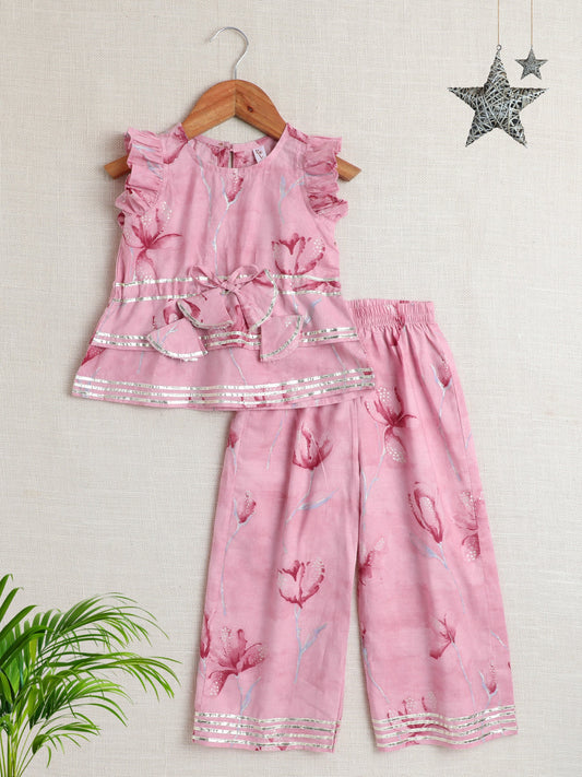 The Magic Wand Sleeveless Floral Print Kurta With Pant Set Pink