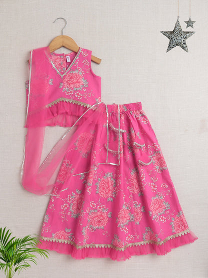 The Magic Wand Sleeveless Floral Print With Lace Lehenga Choli Set  Pink