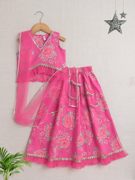 The Magic Wand Sleeveless Floral Print With Lace Lehenga Choli Set  Pink
