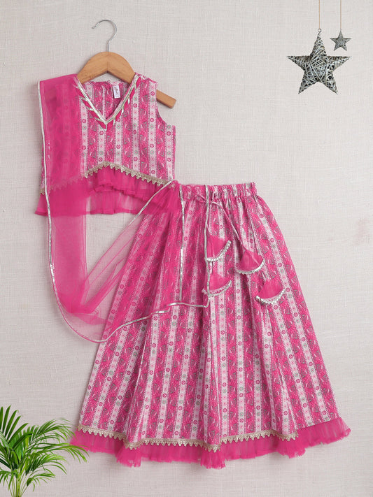 The Magic Wand Sleeveless Floral Stripe Print With Lace Lehenga Choli Set-Fuchsia