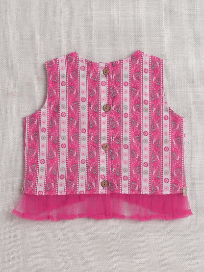 The Magic Wand Sleeveless Floral Stripe Print With Lace Lehenga Choli Set-Fuchsia