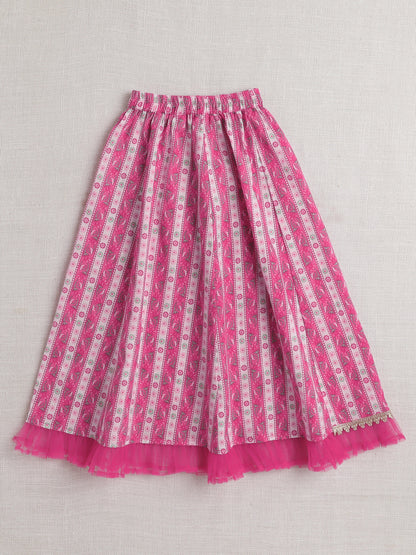 The Magic Wand Sleeveless Floral Stripe Print With Lace Lehenga Choli Set-Fuchsia