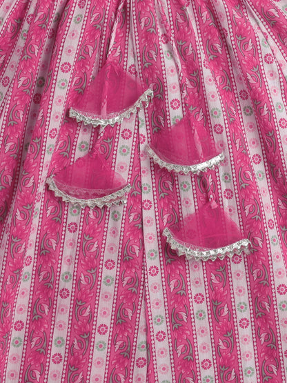 The Magic Wand Sleeveless Floral Stripe Print With Lace Lehenga Choli Set-Fuchsia