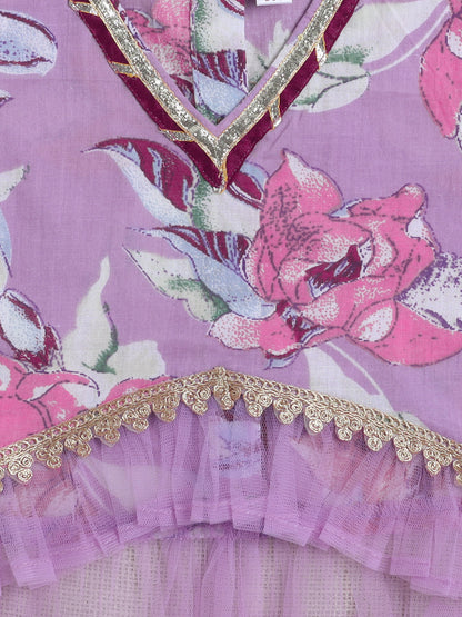 The Magic Wand Sleeveless Floral Print With Lace Lehenga Choli Set  Purple