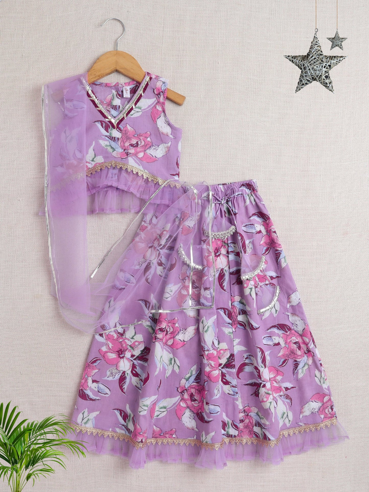 The Magic Wand Sleeveless Floral Print With Lace Lehenga Choli Set  Purple
