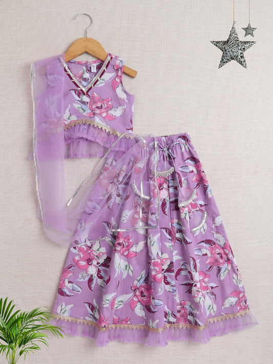 The Magic Wand Sleeveless Floral Print With Lace Lehenga Choli Set  Purple