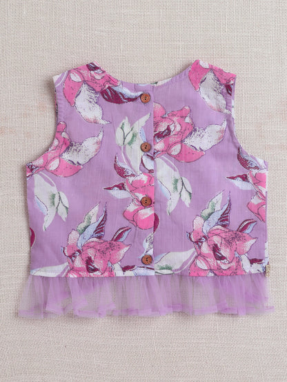 The Magic Wand Sleeveless Floral Print With Lace Lehenga Choli Set  Purple