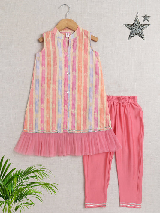 The Magic Wand Sleeveless Strip Print Kurta With Pyjama Set  Peach