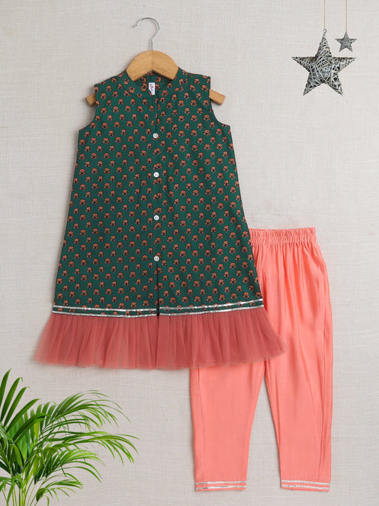 Sleeveless Floral Motif Printed Kurta With Salwar Set - Olive Green