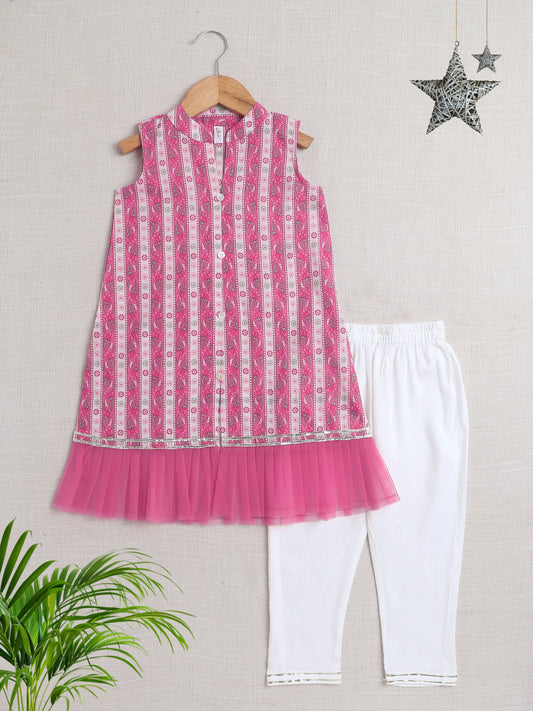 Sleeveless Floral Printed & Lace Embellished Kurta With Salwar Set - Pink