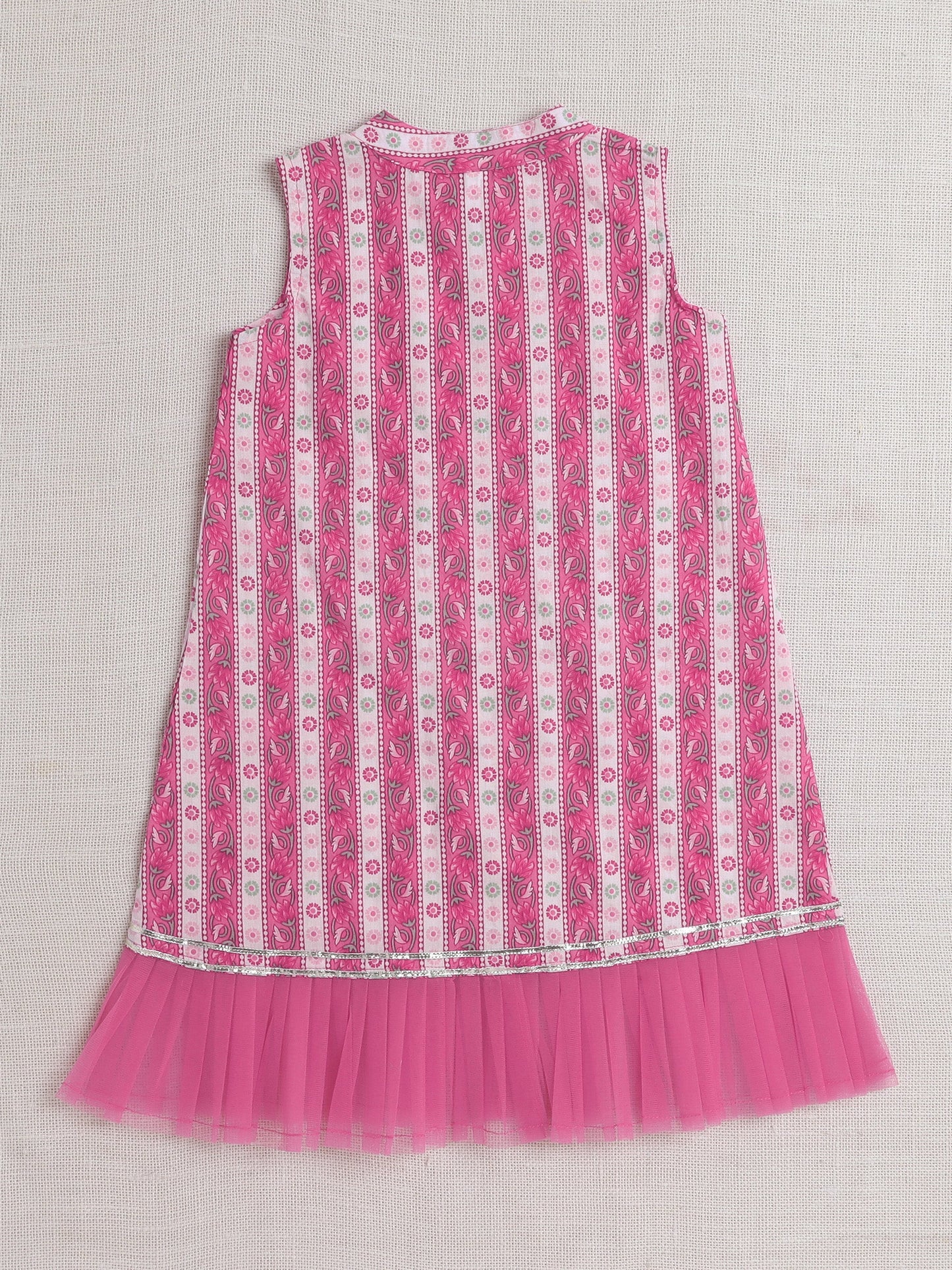Sleeveless Floral Printed & Lace Embellished Kurta With Salwar Set - Pink