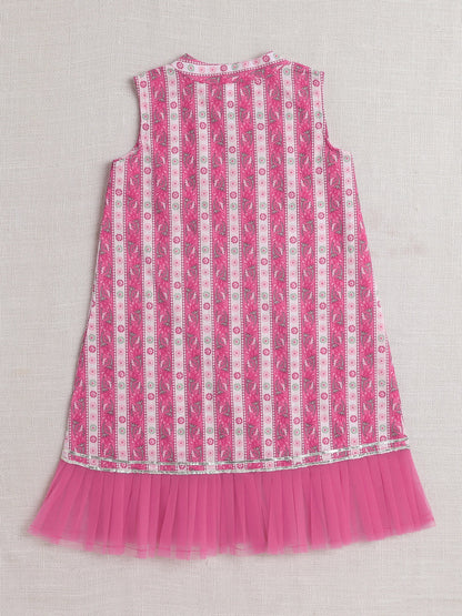 Sleeveless Floral Printed & Lace Embellished Kurta With Salwar Set - Pink