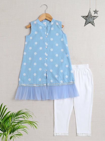 Sleeveless Polka Dots Printed & Lace Embellished Kurta With Salwar Set - Blue