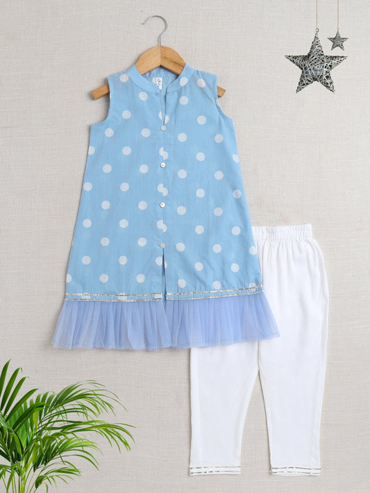 Sleeveless Polka Dots Printed & Lace Embellished Kurta With Salwar Set - Blue