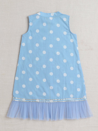Sleeveless Polka Dots Printed & Lace Embellished Kurta With Salwar Set - Blue